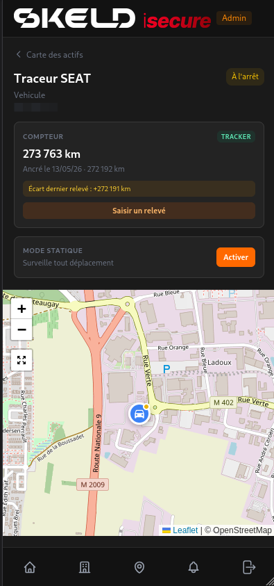 Application SKELD iSecure développée par Ferroneed : suivi d'un traceur véhicule sur carte
